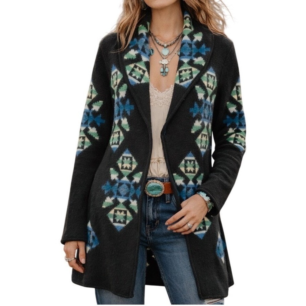 Free People Women's Designer Knit Aztec Print Wool Acrylic Sweater Jacket Size S